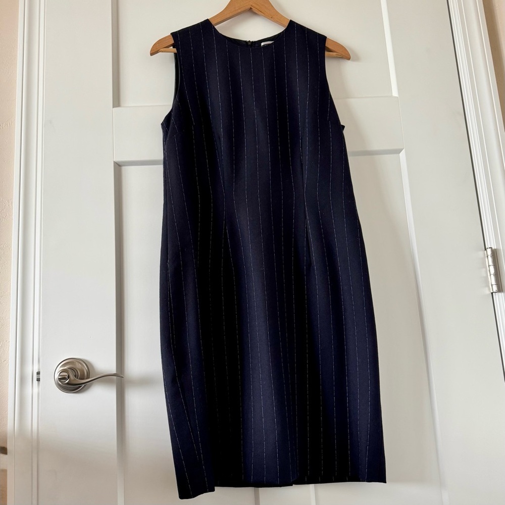 Amanda Smith 100% Pure Wool Navy Blue White Stripe Sheath Sleeveless Dress Sz 8 - Picture 2 of 15